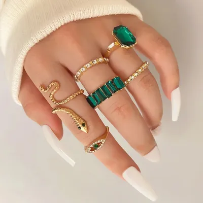 Green Geometric Crystal Snake Ring Set (6pc)